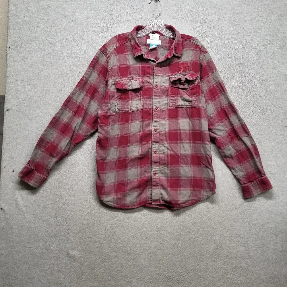 Texas A&M Aggies Men Button Up Shirt L Red‎ Logo Embroidery Columbia Flannel